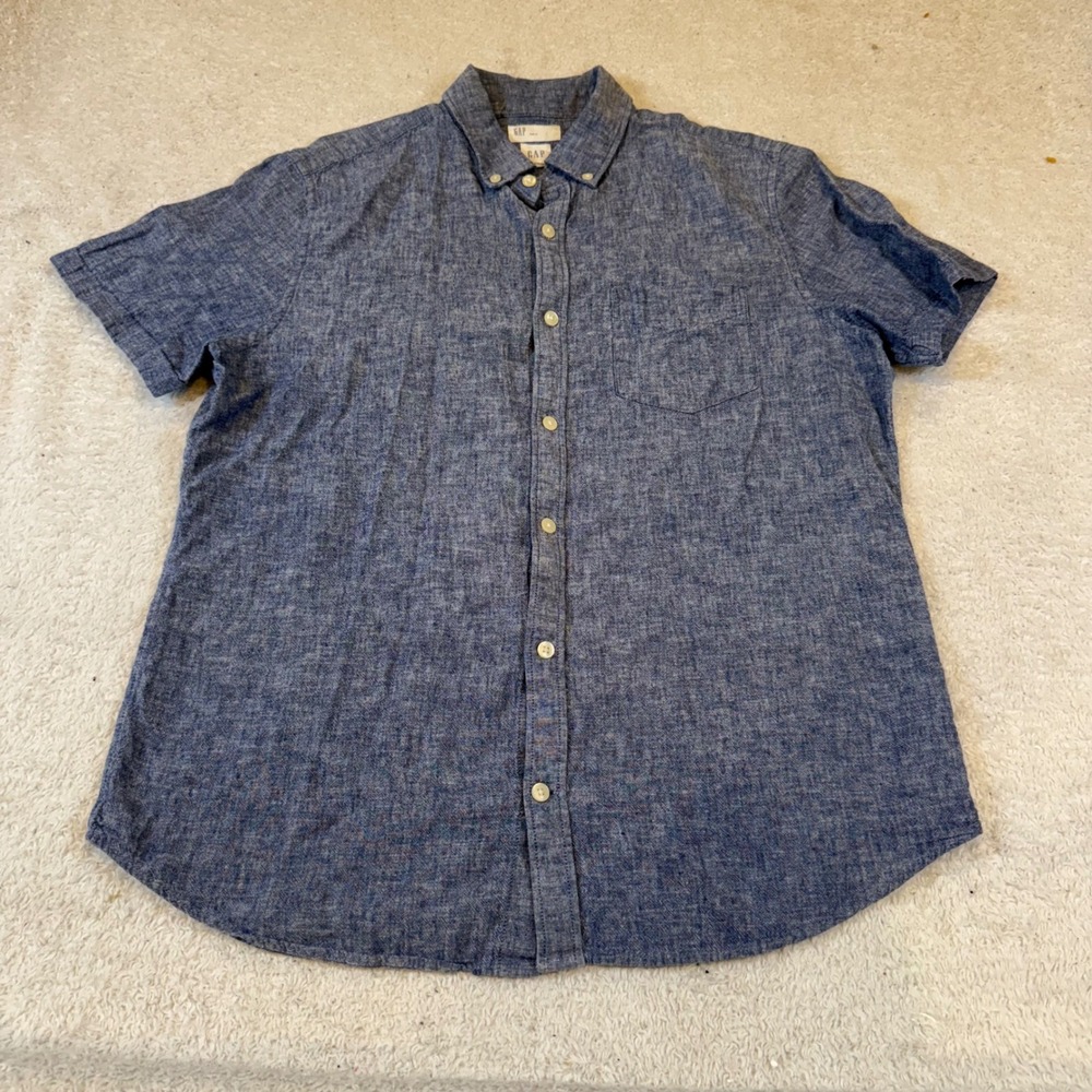Gap Mens Slim Fit‎ Linen Cotton Short Sleeve Button Down Shirt Blue Large